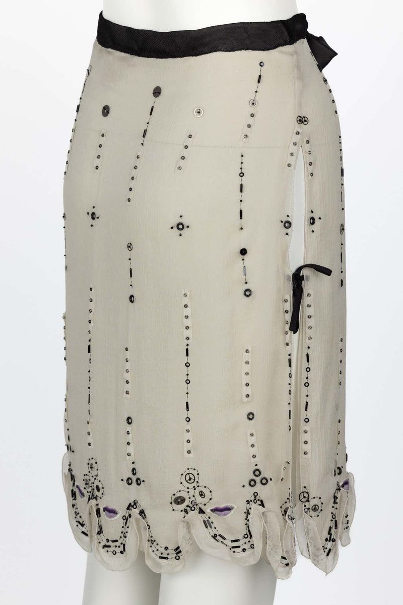 Prada Spring 2000 Beige Semi Sheer Silk Lip Embellished Skirt Runway Look #55