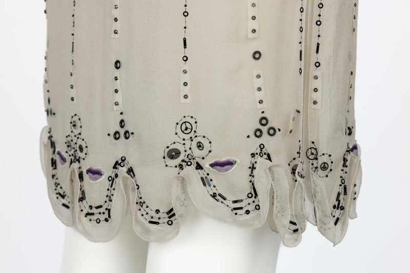 Prada Spring 2000 Beige Semi Sheer Silk Lip Embellished Skirt Runway Look #55