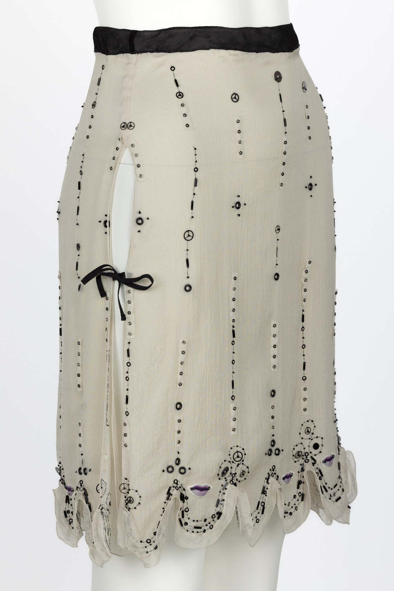 Prada Spring 2000 Beige Semi Sheer Silk Lip Embellished Skirt Runway Look #55
