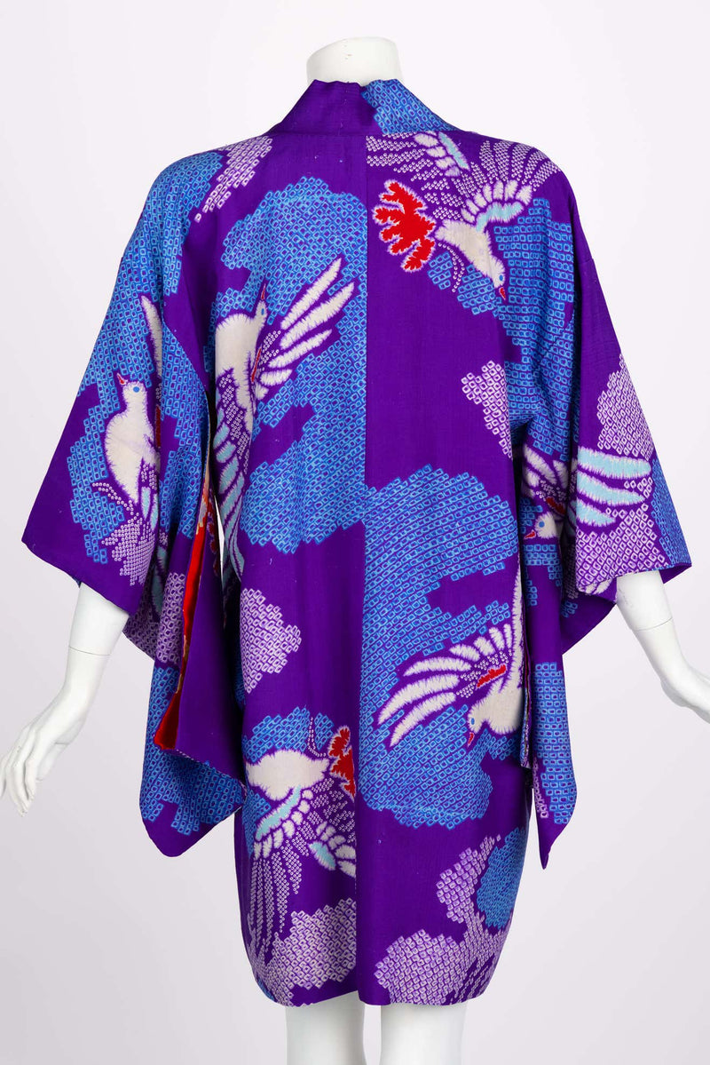 Vintage Japanese Purple Blue Bird Kimono Jacket