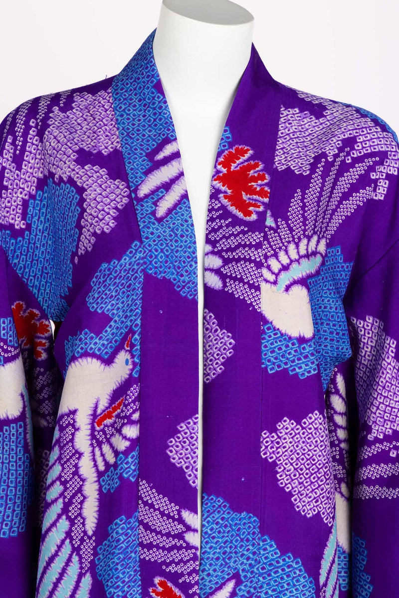 Vintage Japanese Purple Blue Bird Kimono Jacket