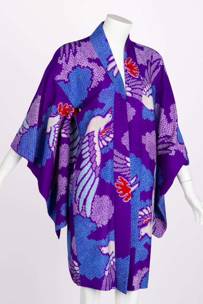Vintage Japanese Purple Blue Bird Kimono Jacket