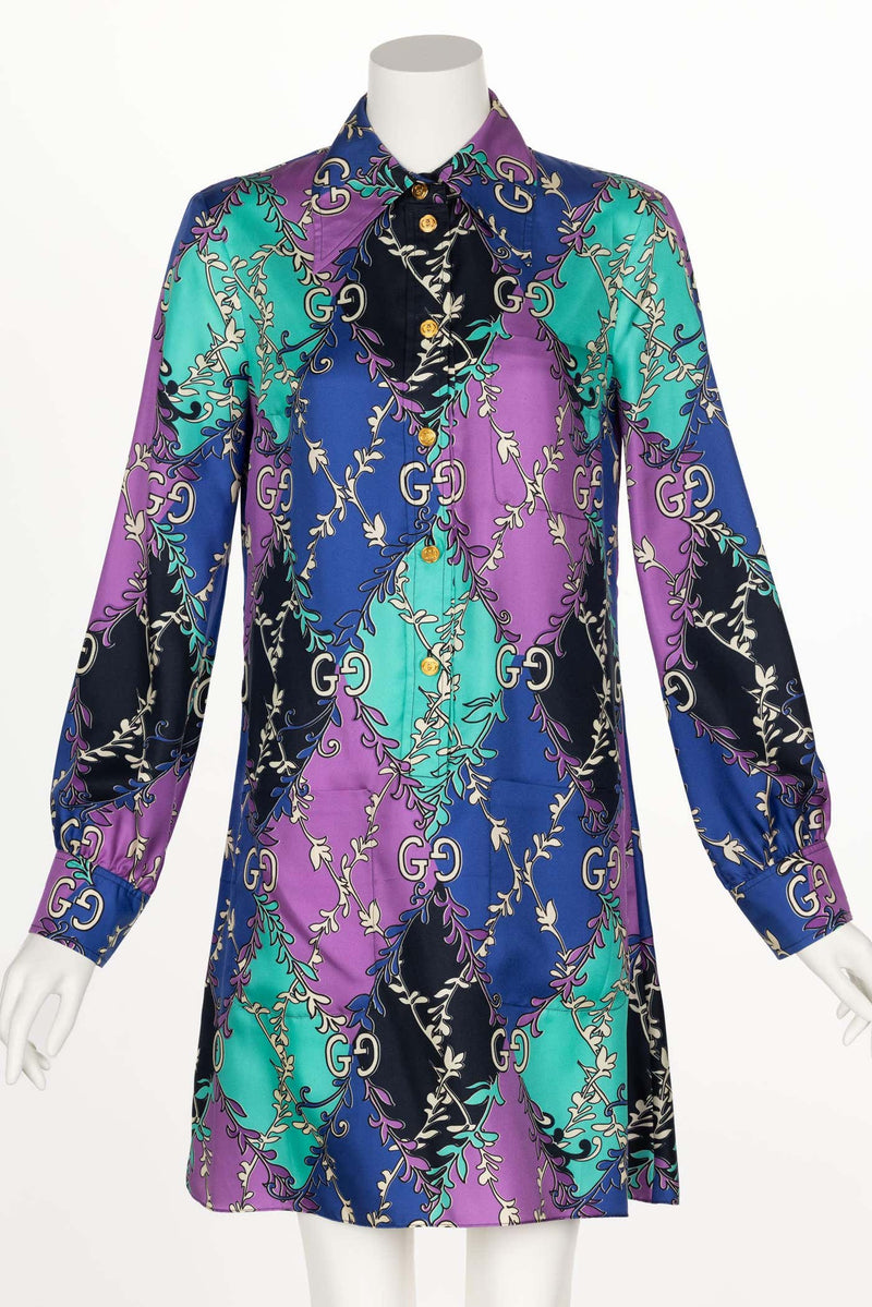 Gucci GG Rhombus Print Long Sleeve Silk Purple Print Shirtdress Resort 2020