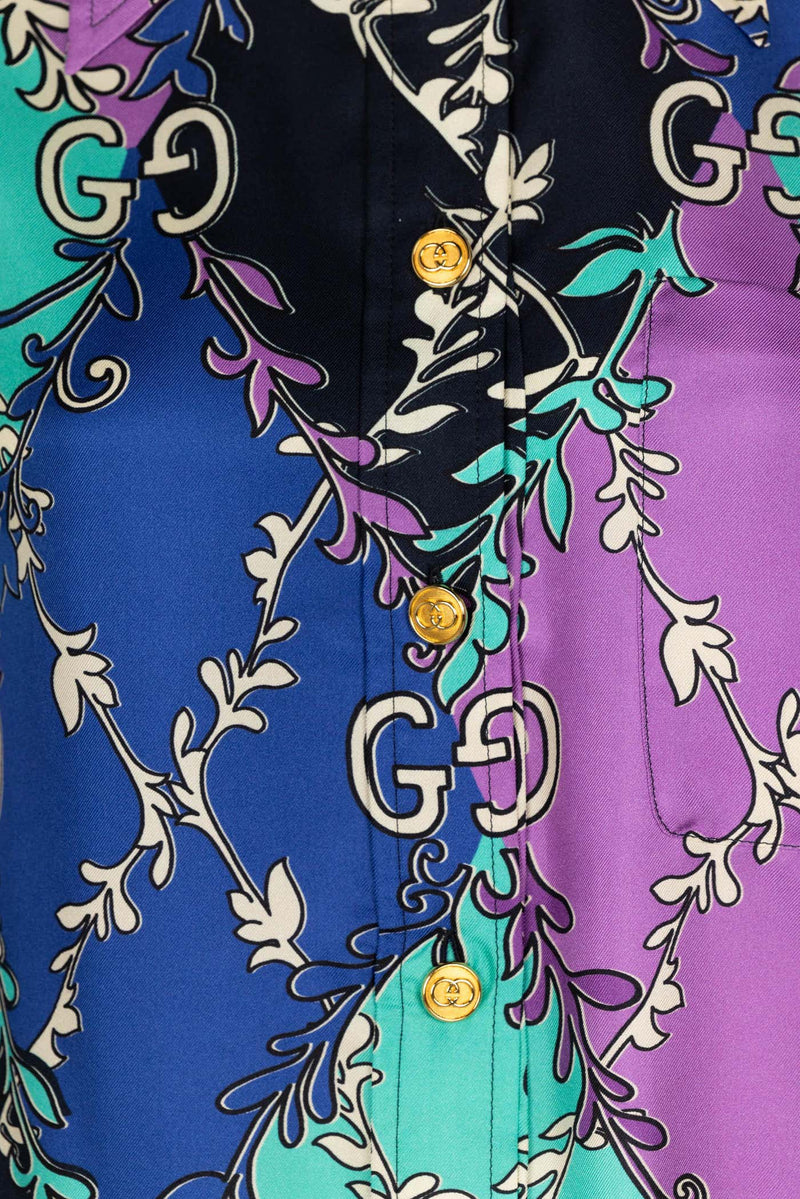 Gucci GG Rhombus Print Long Sleeve Silk Purple Print Shirtdress Resort 2020