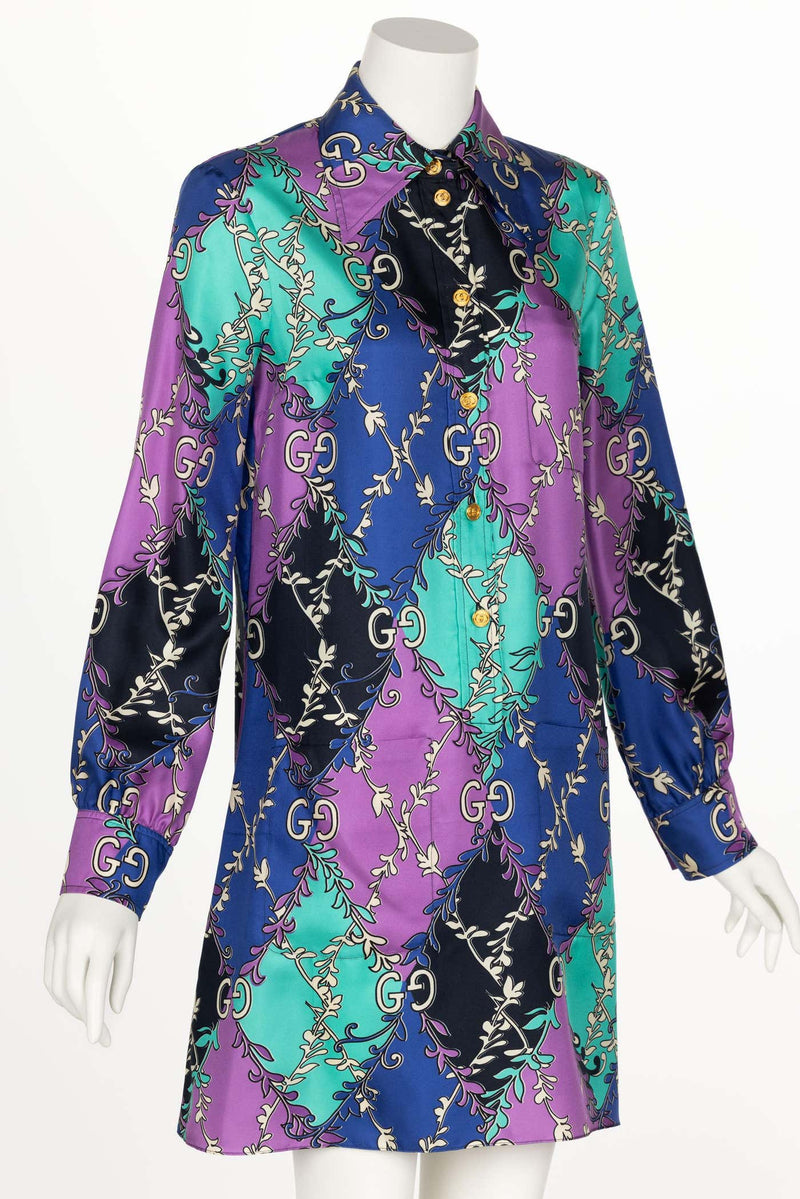 Gucci GG Rhombus Print Long Sleeve Silk Purple Print Shirtdress Resort 2020