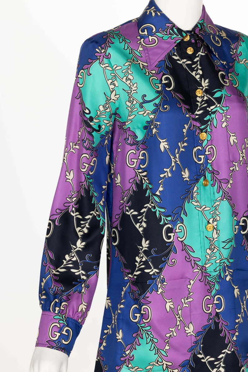 Gucci GG Rhombus Print Long Sleeve Silk Purple Print Shirtdress Resort 2020