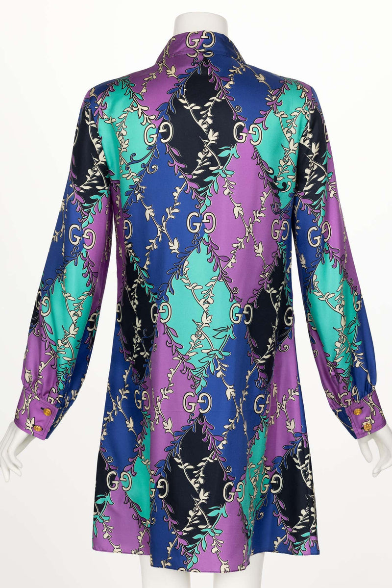 Gucci GG Rhombus Print Long Sleeve Silk Purple Print Shirtdress Resort 2020
