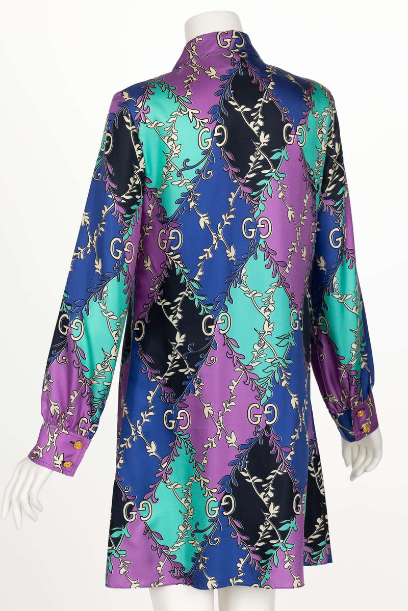 Gucci GG Rhombus Print Long Sleeve Silk Purple Print Shirtdress Resort 2020