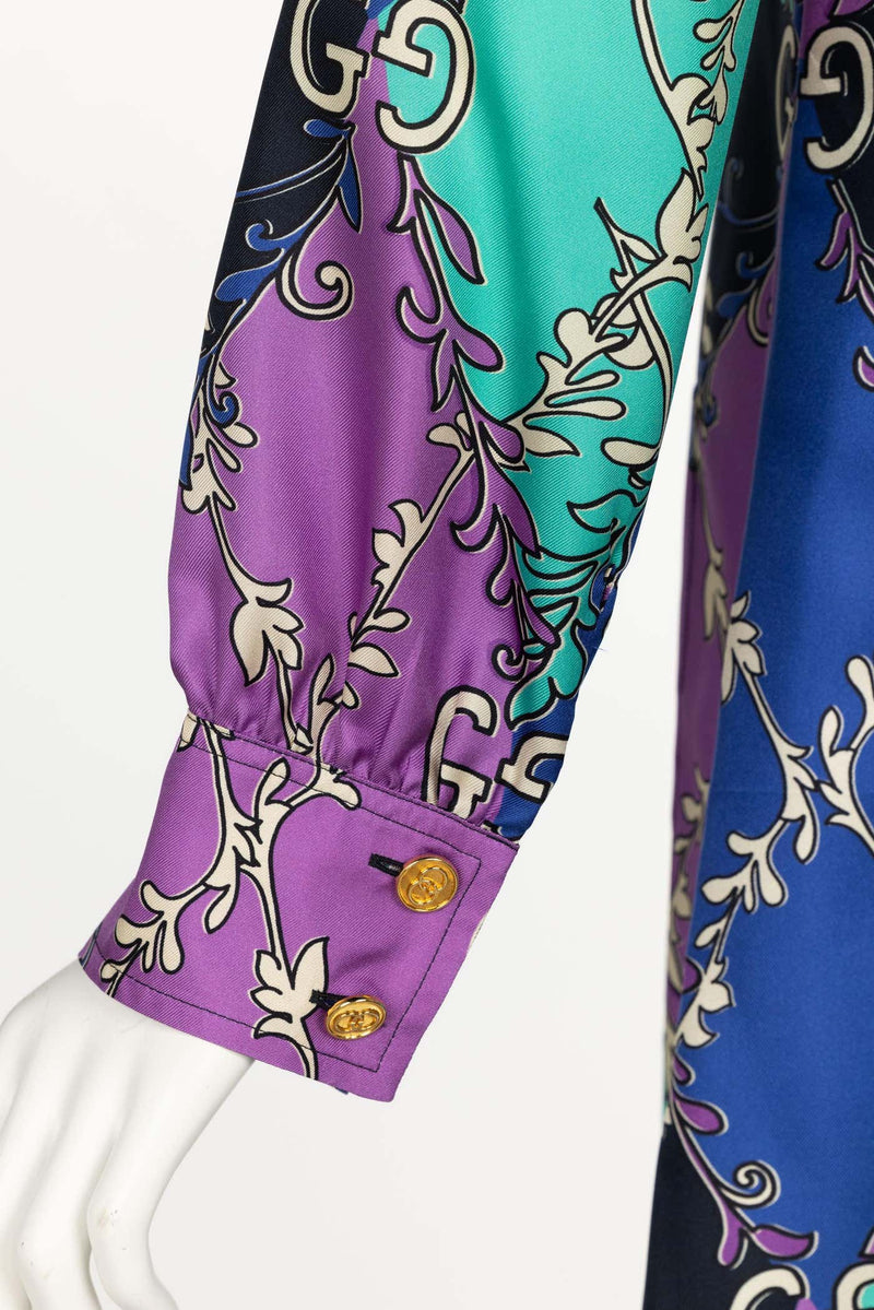 Gucci GG Rhombus Print Long Sleeve Silk Purple Print Shirtdress Resort 2020
