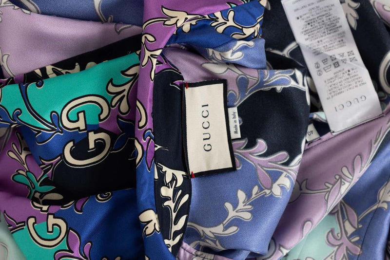 Gucci GG Rhombus Print Long Sleeve Silk Purple Print Shirtdress Resort 2020