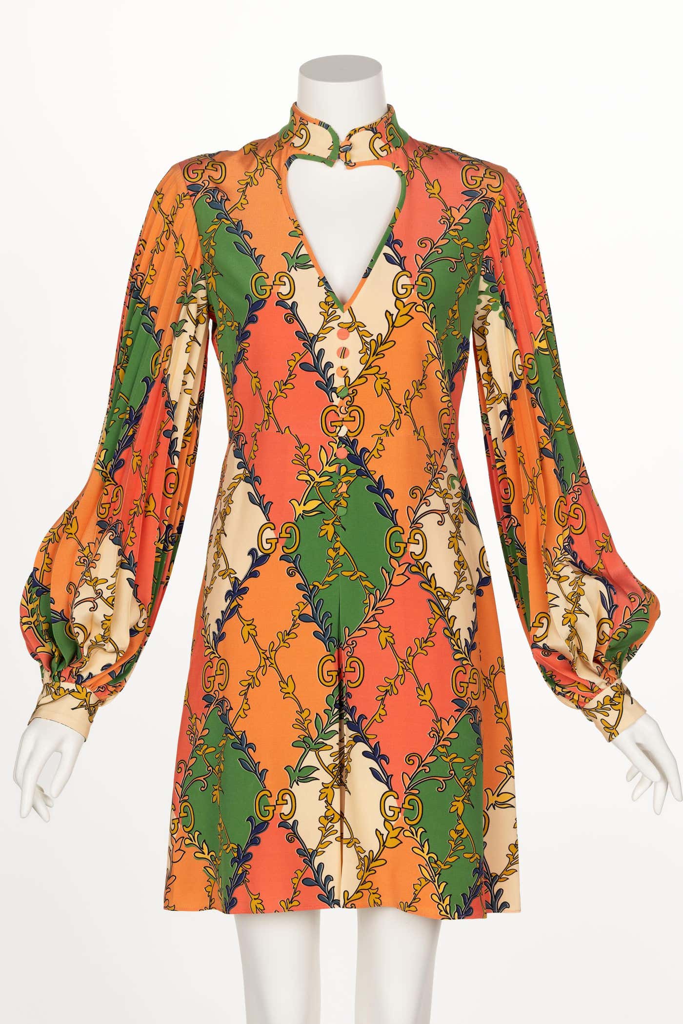 Gucci Orange Green Print Silk Mini Dress W Tags Basha Gold Gucci Orange Green Print Silk Mini Dress W Tags Basha Gold