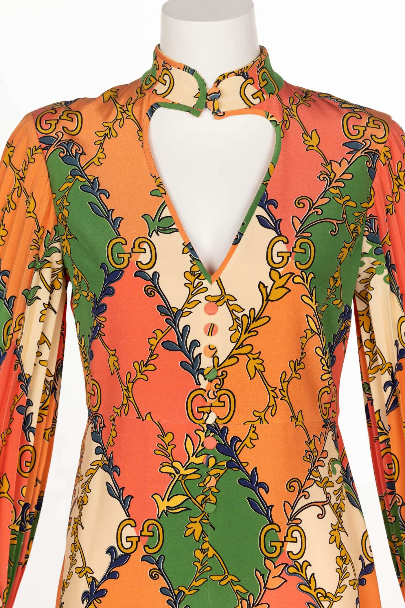 GUCCI グッチ　Silk Caftan Mini DRESS ⑦ Gucci Orange Green Print Silk Mini Dress W Tags – Basha Gold