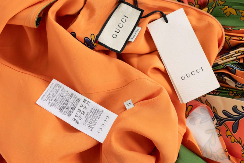 Gucci Orange Green Print Silk Mini Dress W Tags Basha Gold Gucci Orange Green Print Silk Mini Dress W Tags Basha Gold
