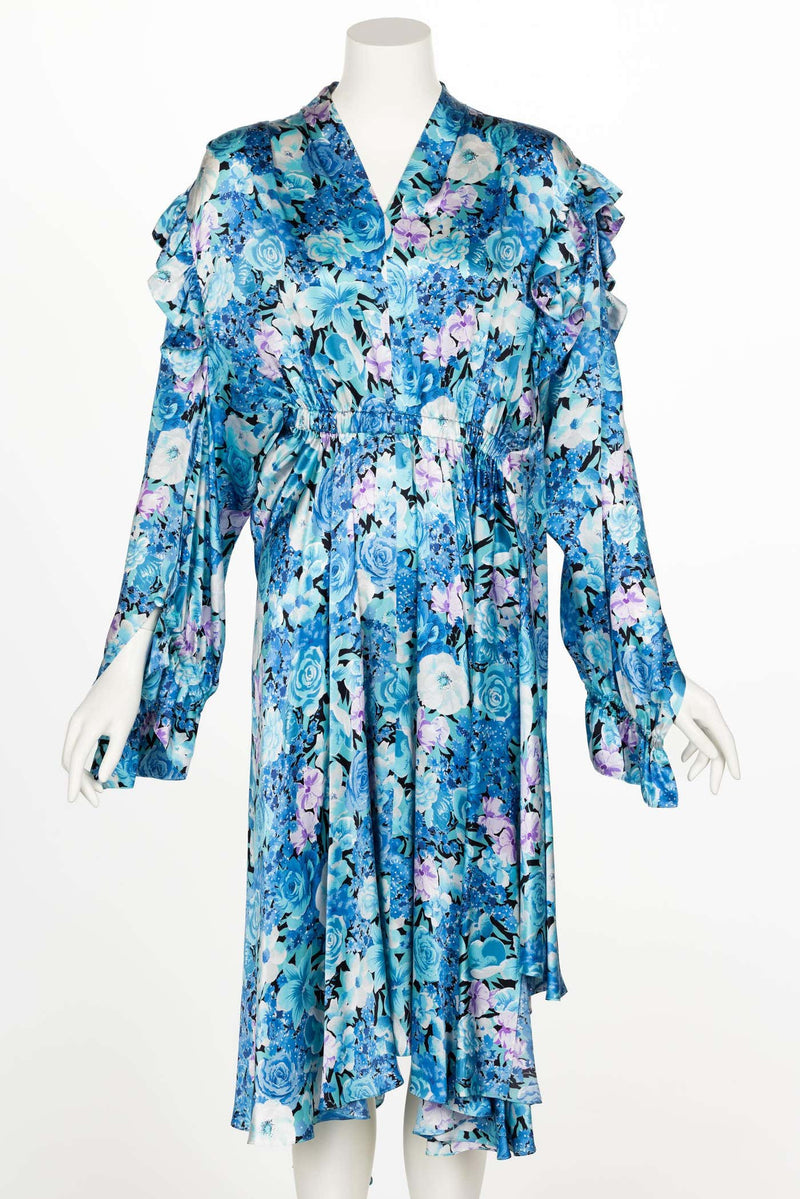 Balenciaga Blue floral print ruffle Satin Midi Dress Spring 2020
