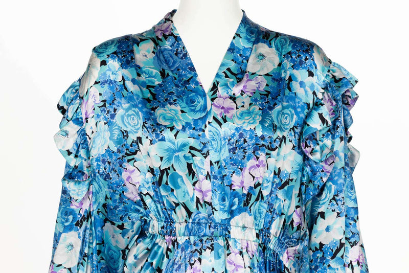 Balenciaga Blue floral print ruffle Satin Midi Dress Spring 2020
