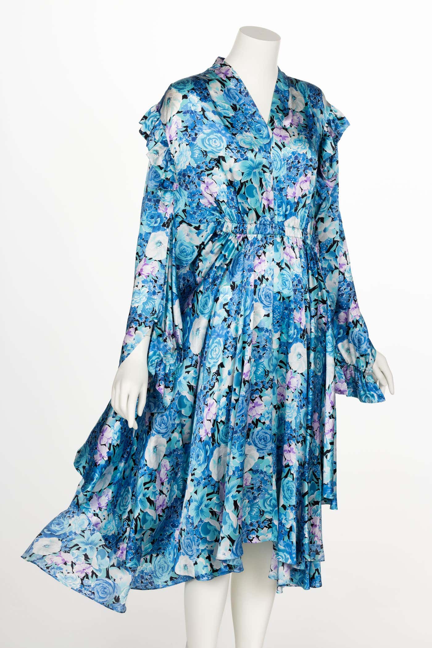 Balenciaga Blue floral print ruffle Satin Midi Dress Spring 2020 Basha Gold Balenciaga Blue floral print ruffle Satin Midi Dress Spring 2020 Basha Gold