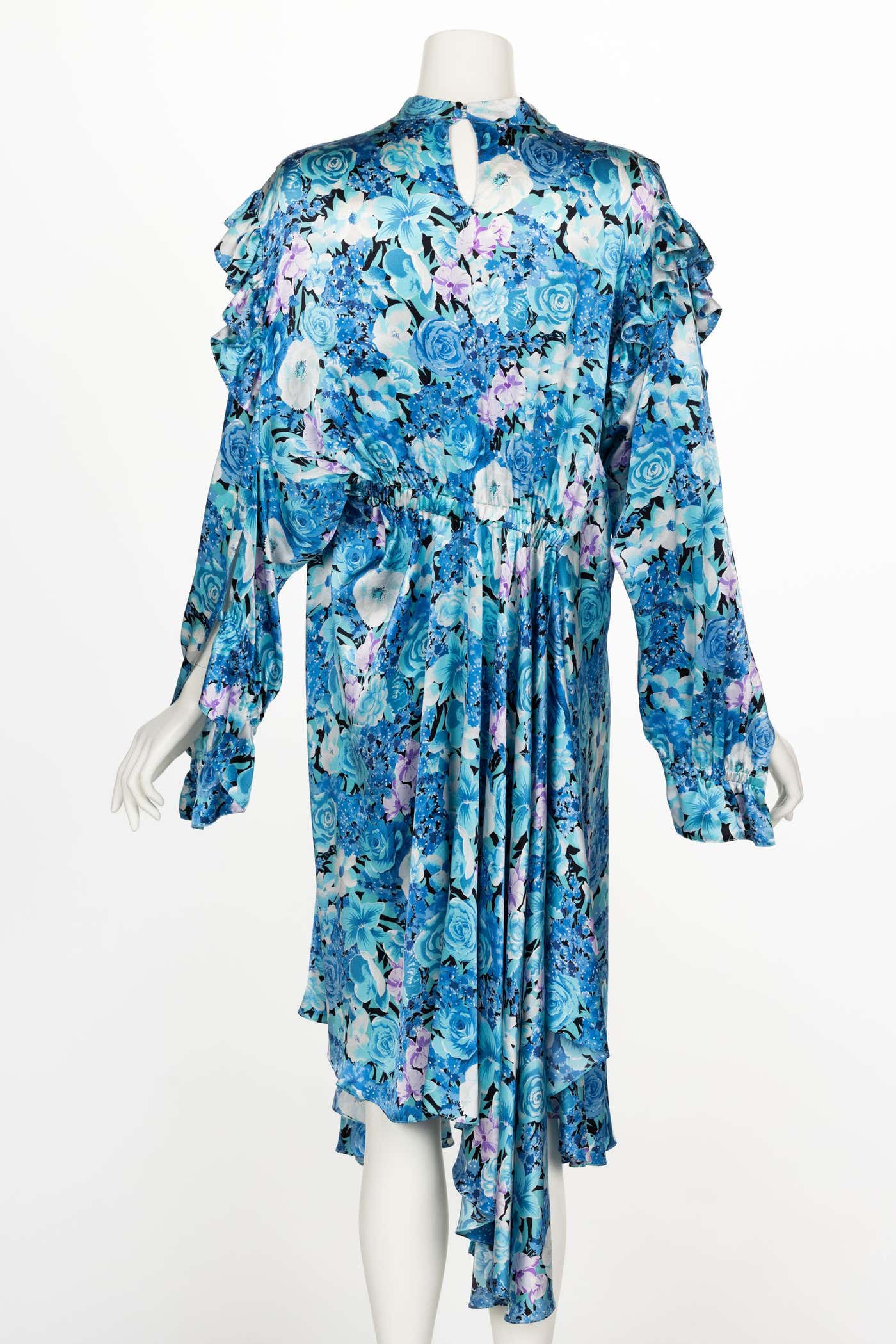 Balenciaga Blue floral print ruffle Satin Midi Dress Spring