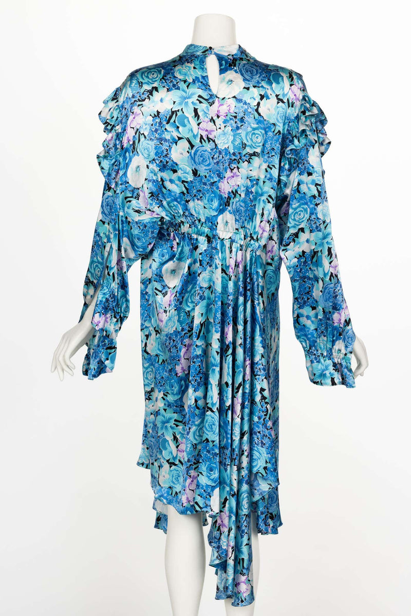 Balenciaga Blue floral print ruffle Satin Midi Dress Spring 2020