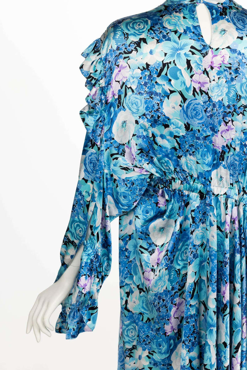 Balenciaga Blue floral print ruffle Satin Midi Dress Spring 2020
