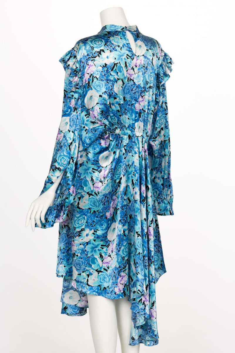 Balenciaga Blue floral print ruffle Satin Midi Dress Spring 2020