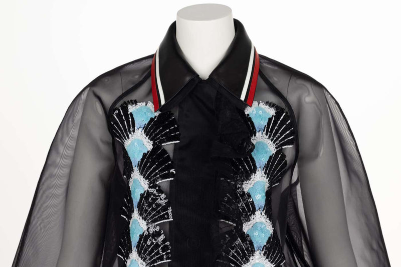 Miu Miu Spring 2016 Black Organza Sequin Leather Collar Coat New Tags