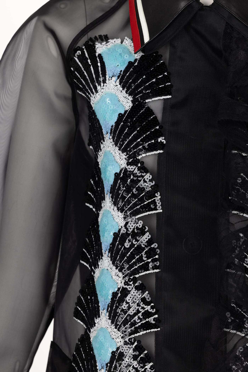 Miu Miu Spring 2016 Black Organza Sequin Leather Collar Coat New Tags