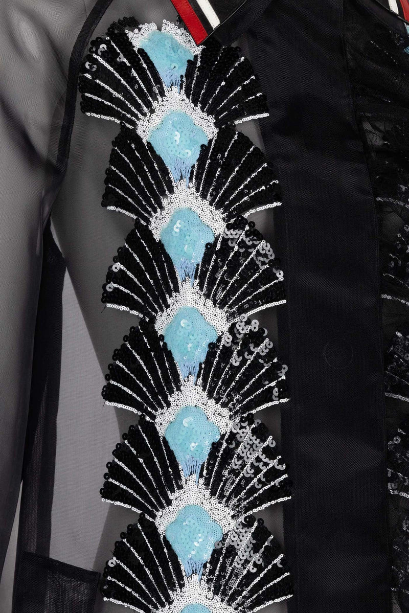 Miu Miu Spring 2016 Black Organza Sequin Leather Collar Coat New Tags