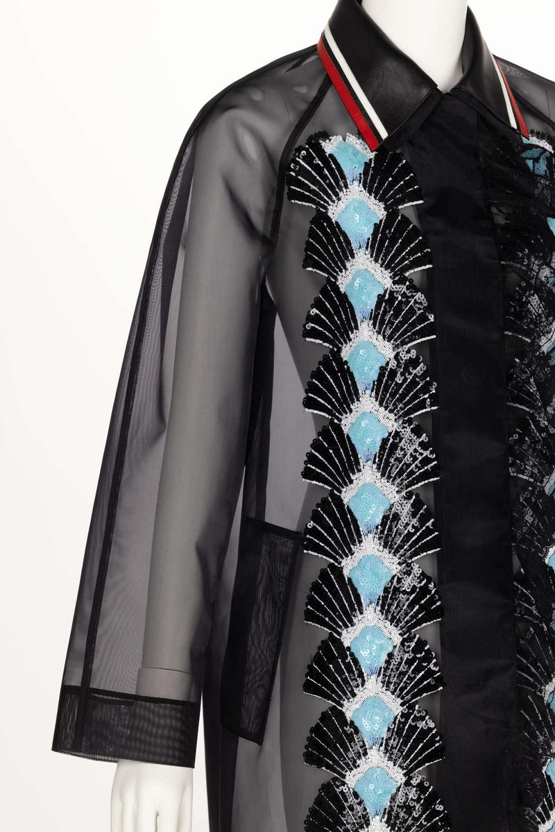 Miu Miu Spring 2016 Black Organza Sequin Leather Collar Coat New Tags