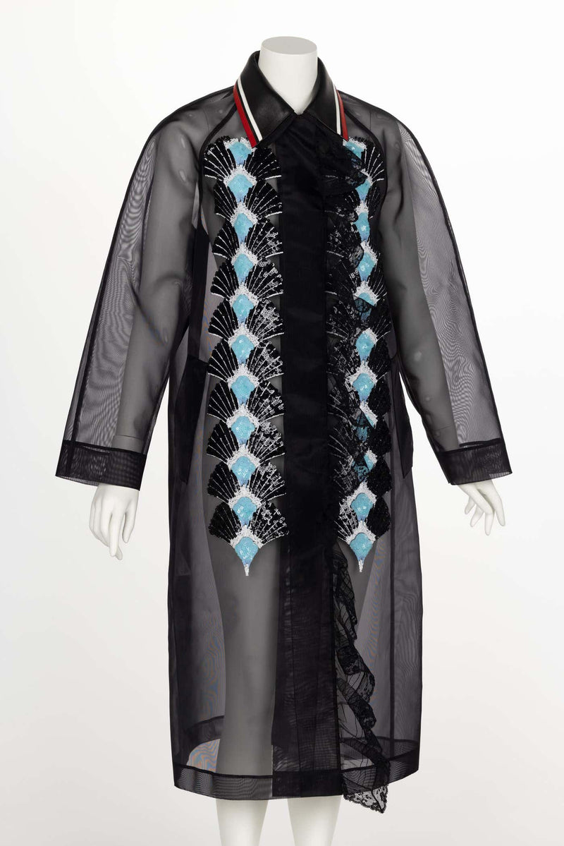 Miu Miu Spring 2016 Black Organza Sequin Leather Collar Coat New Tags
