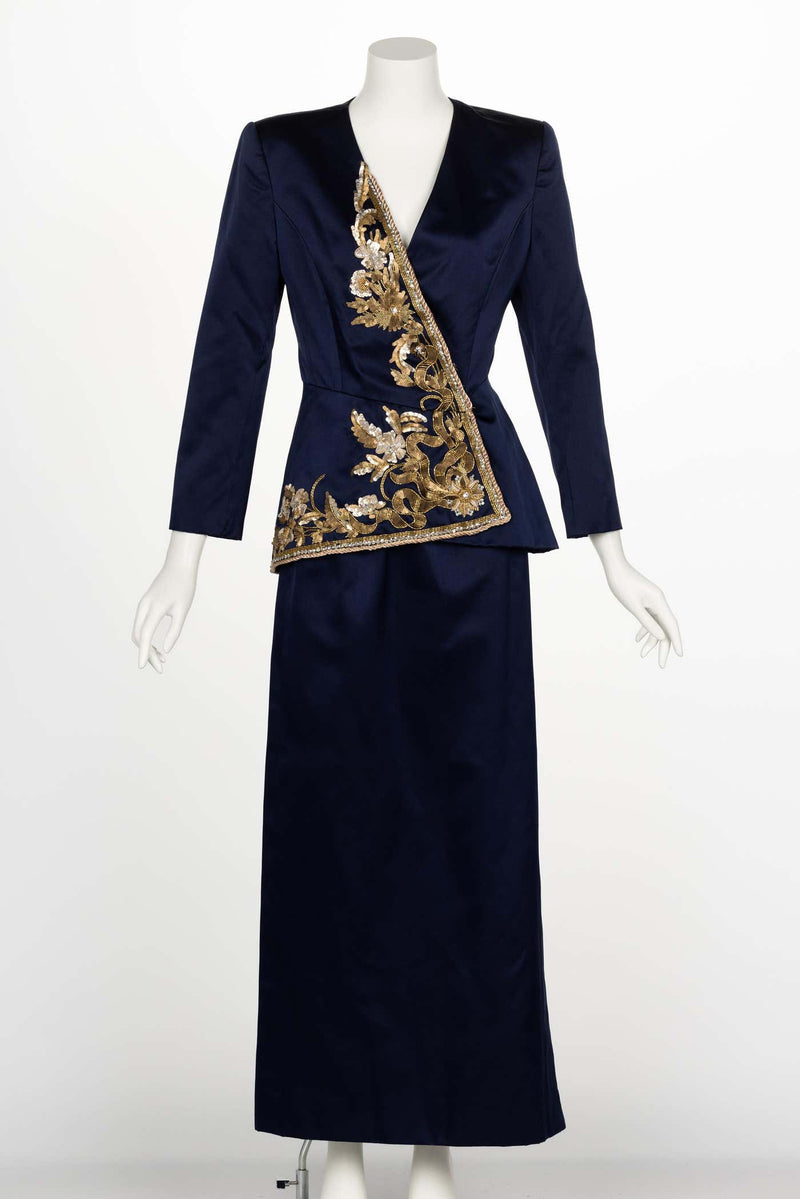 Vintage Oscar de la Renta Navy Satin Gold Embellished Skirt Suit F/W 1992