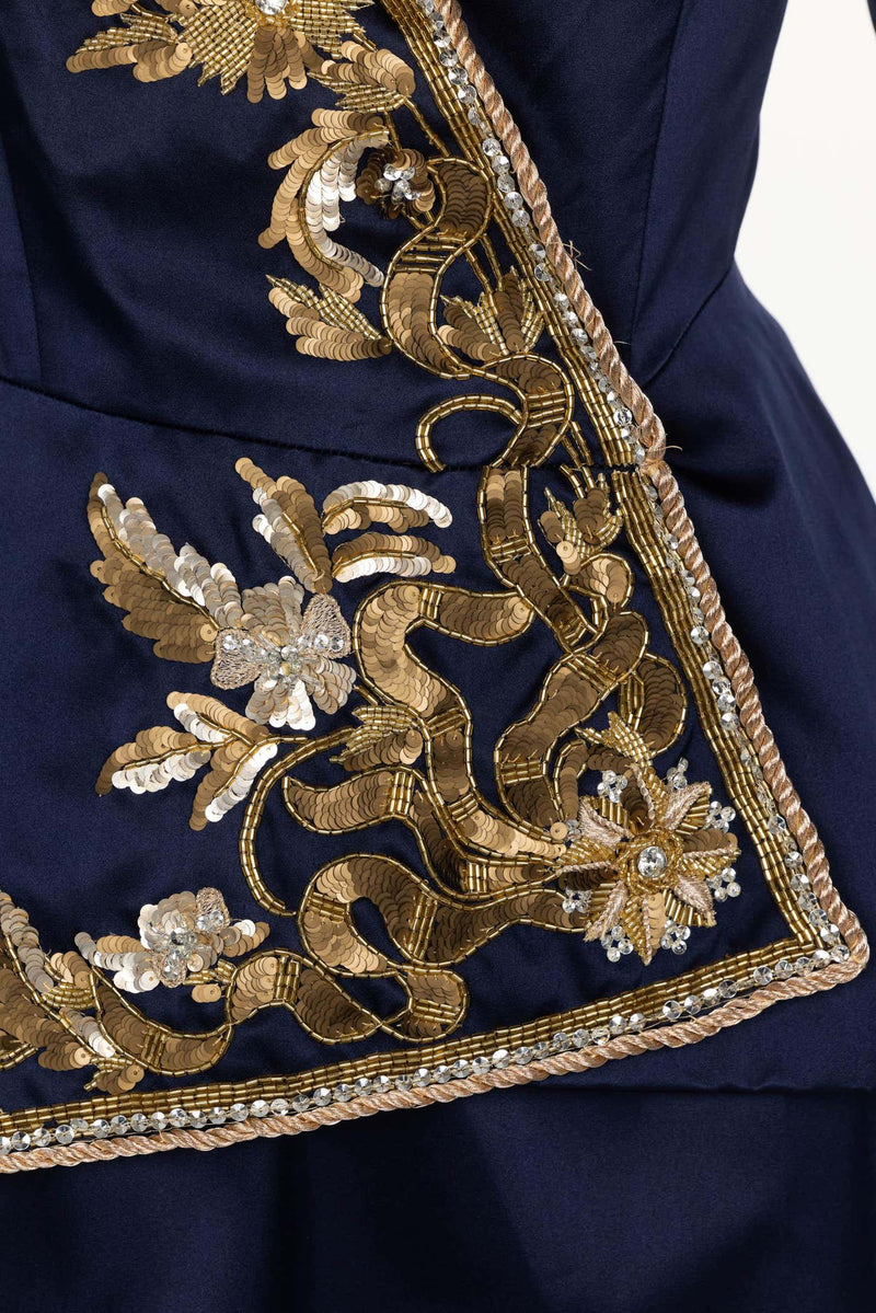 Vintage Oscar de la Renta Navy Satin Gold Embellished Skirt Suit F/W 1992