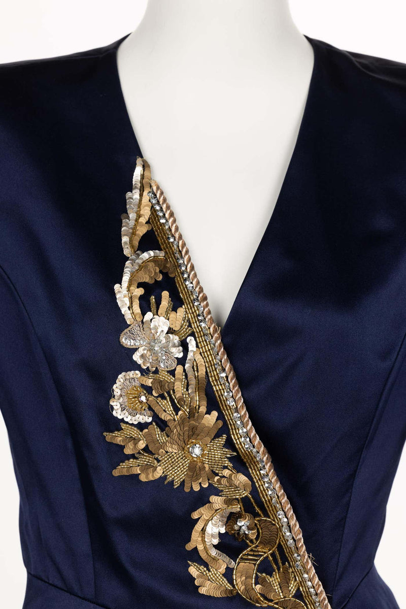 Vintage Oscar de la Renta Navy Satin Gold Embellished Skirt Suit F/W 1992
