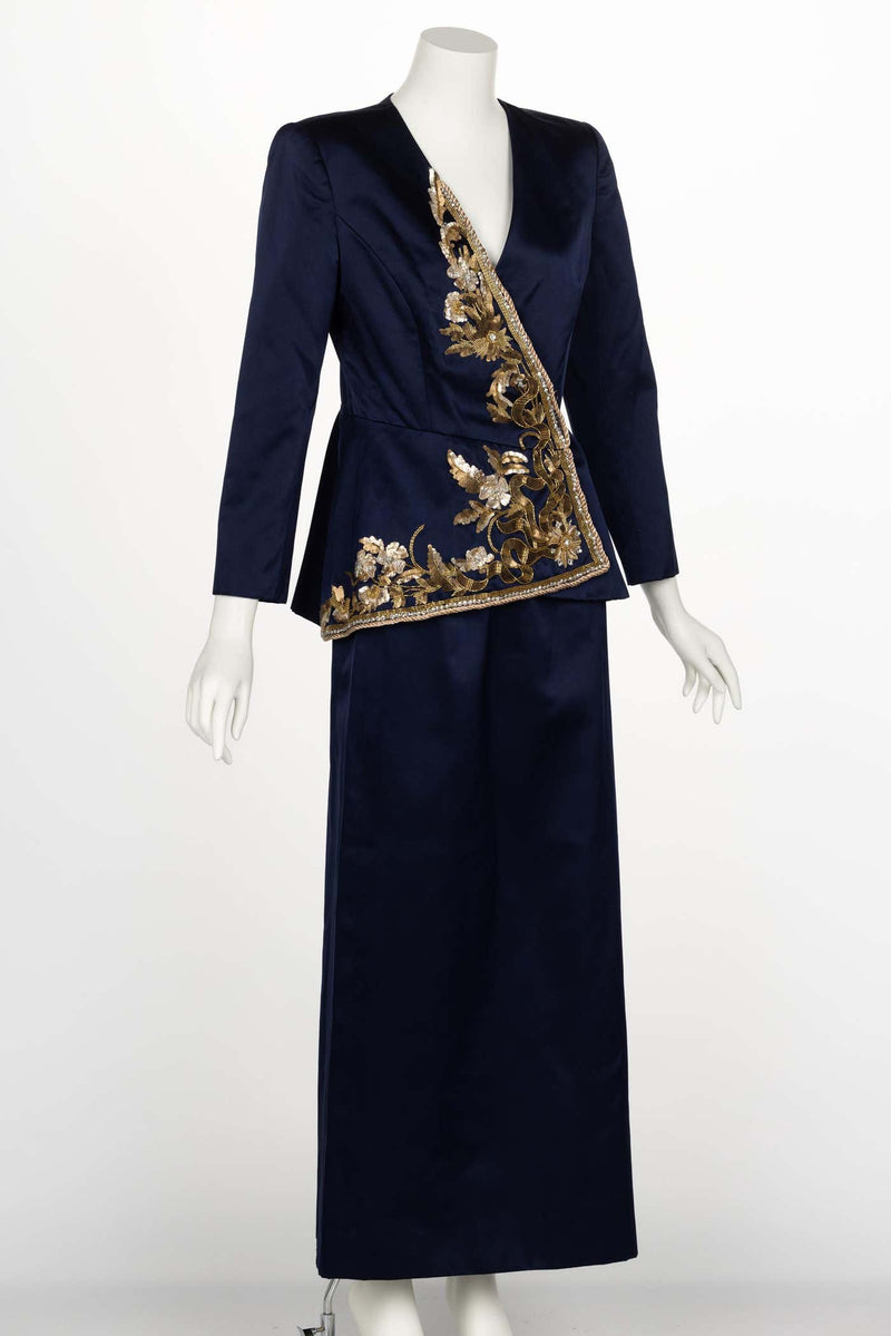 Vintage Oscar de la Renta Navy Satin Gold Embellished Skirt Suit F/W 1992