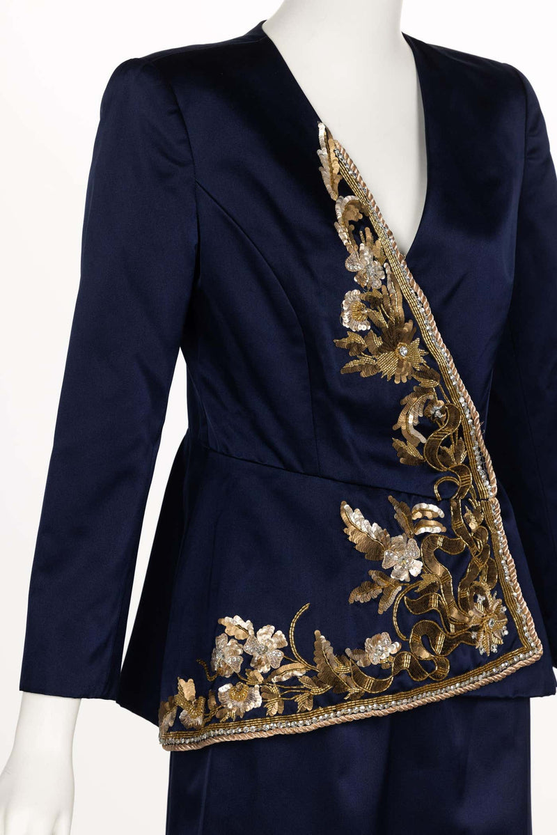 Vintage Oscar de la Renta Navy Satin Gold Embellished Skirt Suit F/W 1992