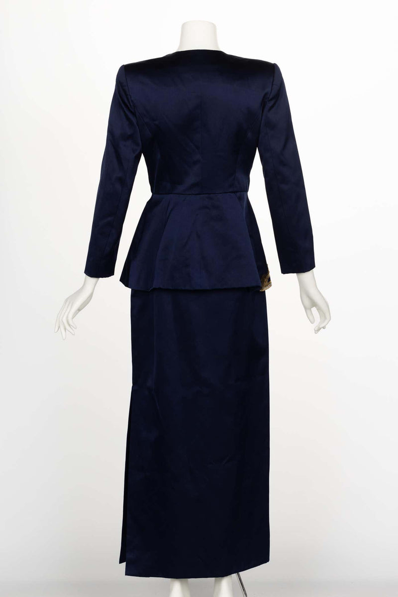 Vintage Oscar de la Renta Navy Satin Gold Embellished Skirt Suit F/W 1992