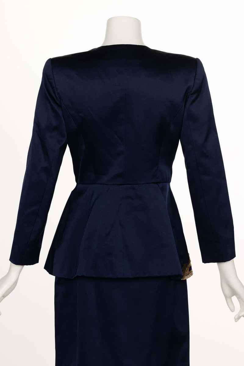 Vintage Oscar de la Renta Navy Satin Gold Embellished Skirt Suit F/W 1992