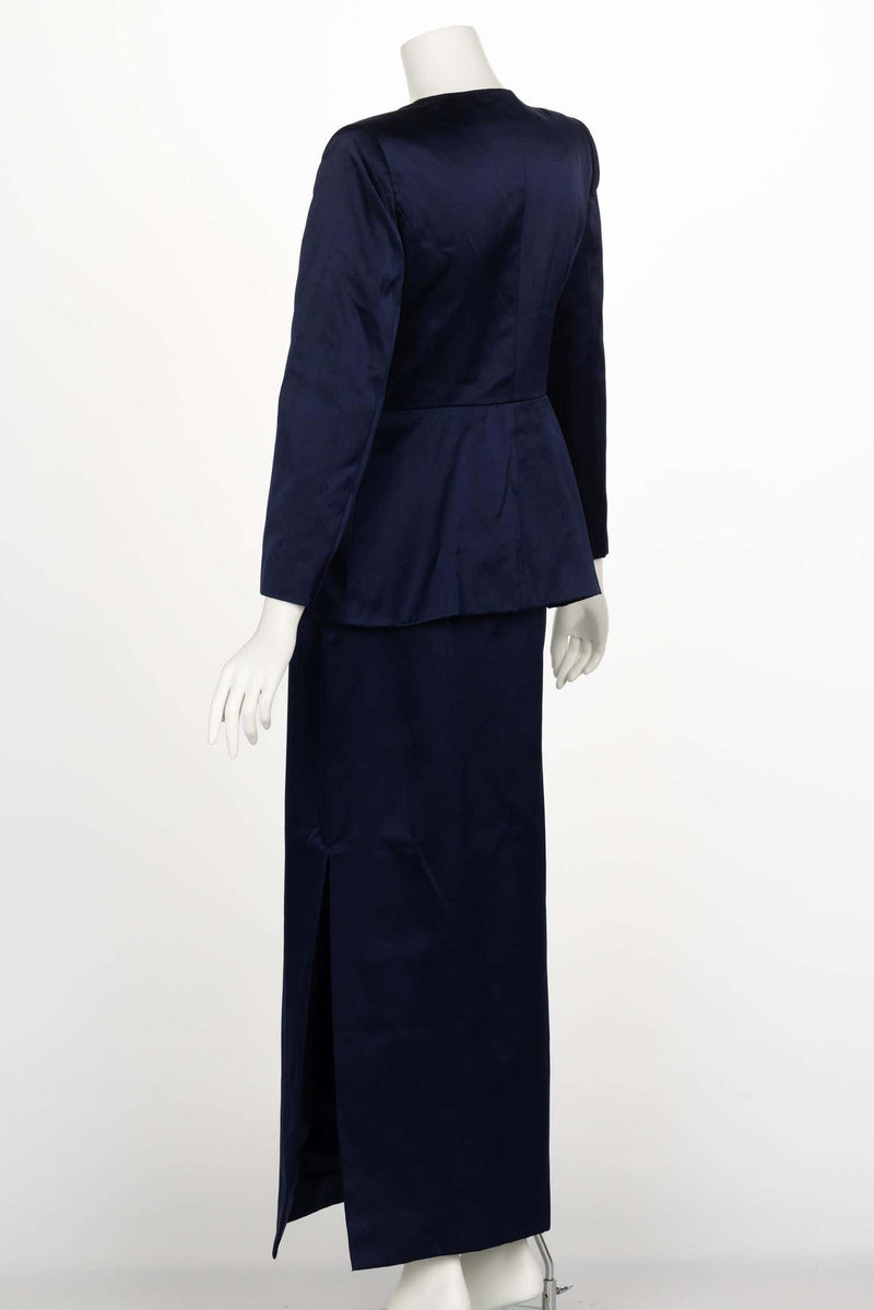 Vintage Oscar de la Renta Navy Satin Gold Embellished Skirt Suit F/W 1992