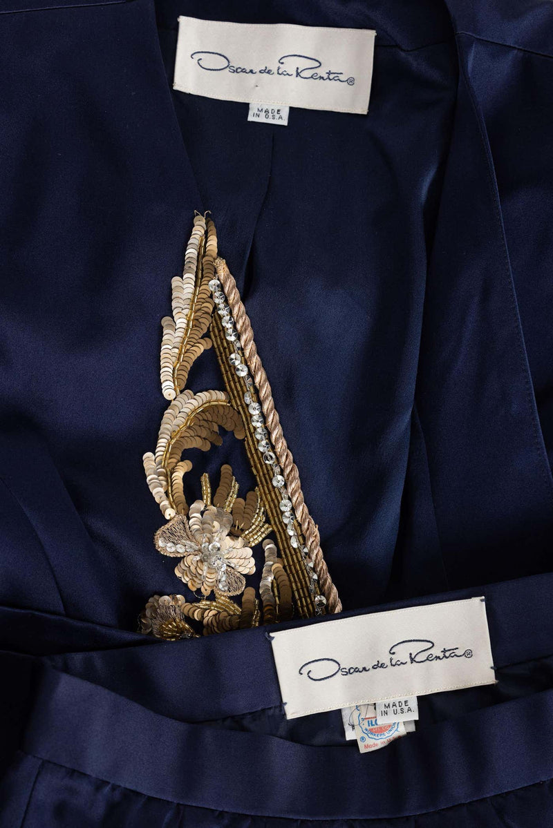 Vintage Oscar de la Renta Navy Satin Gold Embellished Skirt Suit F/W 1992