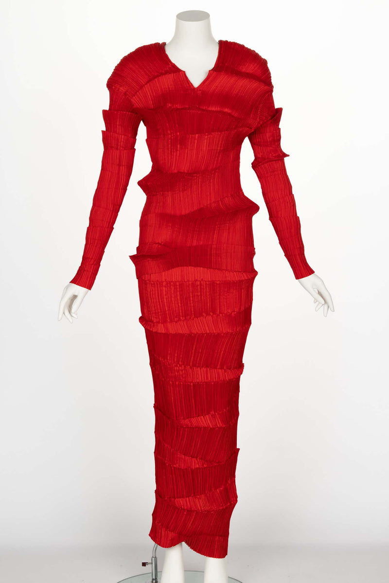 Incredible 1990s Issey Miyake Pleated Red Top & Skirt Ensemble