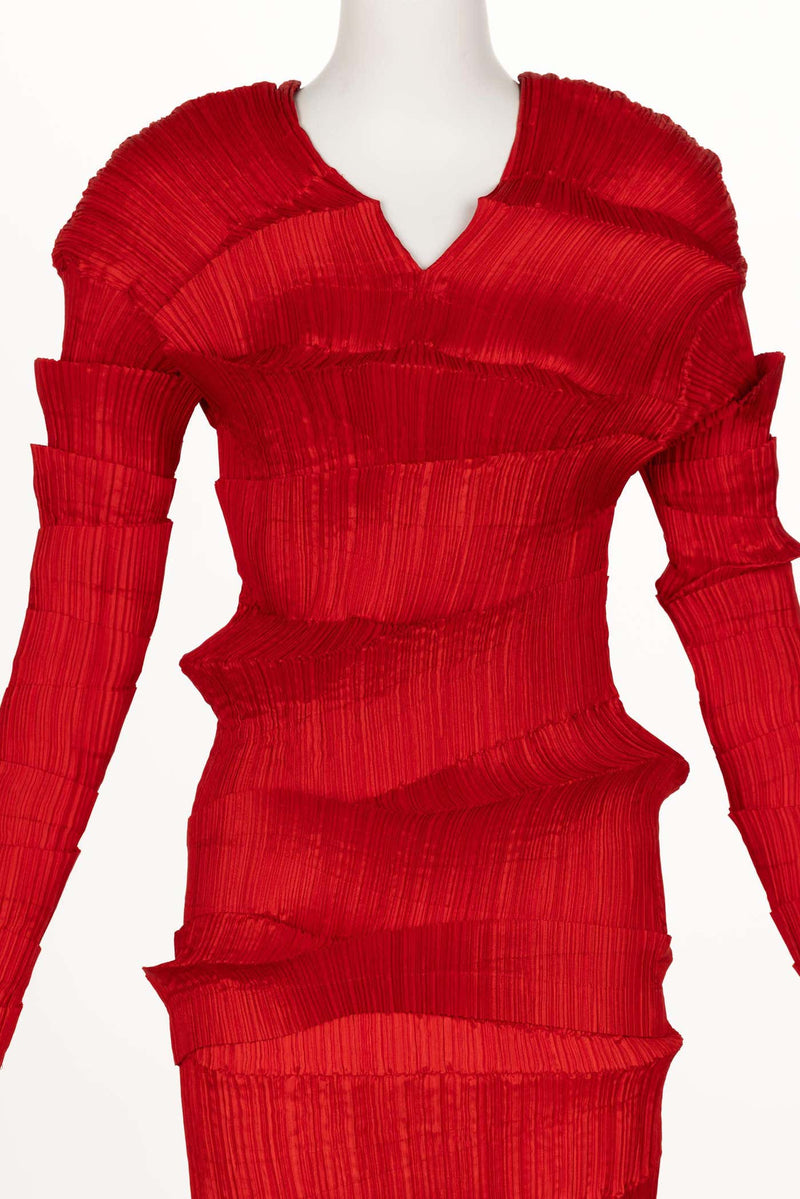 Incredible 1990s Issey Miyake Pleated Red Top & Skirt Ensemble
