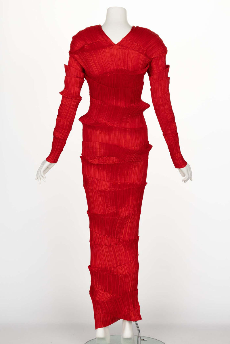 Incredible 1990s Issey Miyake Pleated Red Top & Skirt Ensemble