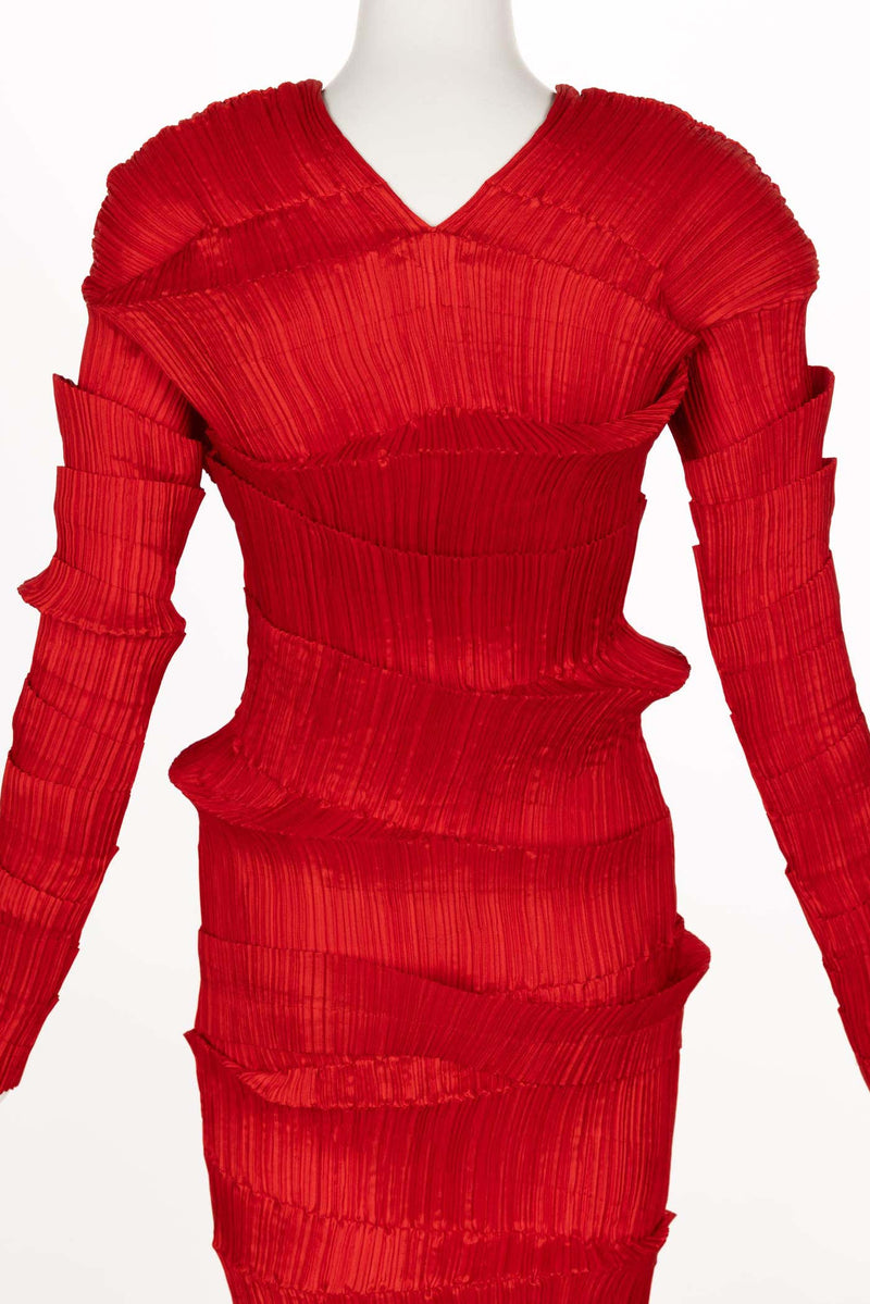 Incredible 1990s Issey Miyake Pleated Red Top & Skirt Ensemble
