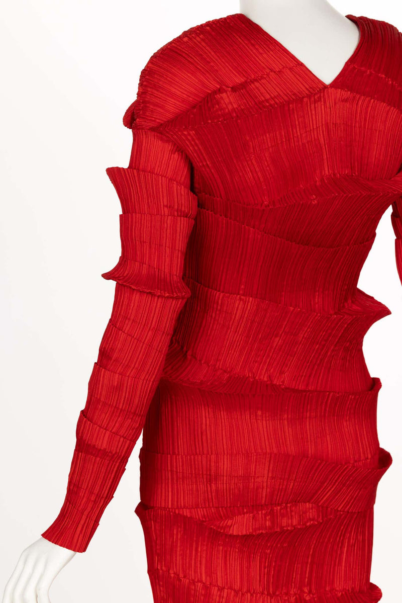 Incredible 1990s Issey Miyake Pleated Red Top & Skirt Ensemble