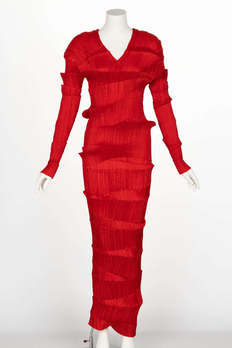 Incredible 1990s Issey Miyake Pleated Red Top & Skirt Ensemble