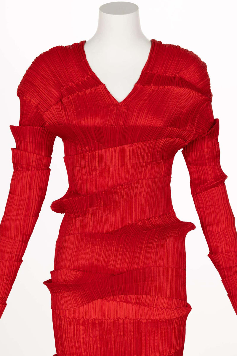 Incredible 1990s Issey Miyake Pleated Red Top & Skirt Ensemble