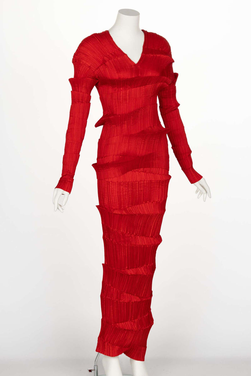 Incredible 1990s Issey Miyake Pleated Red Top & Skirt Ensemble