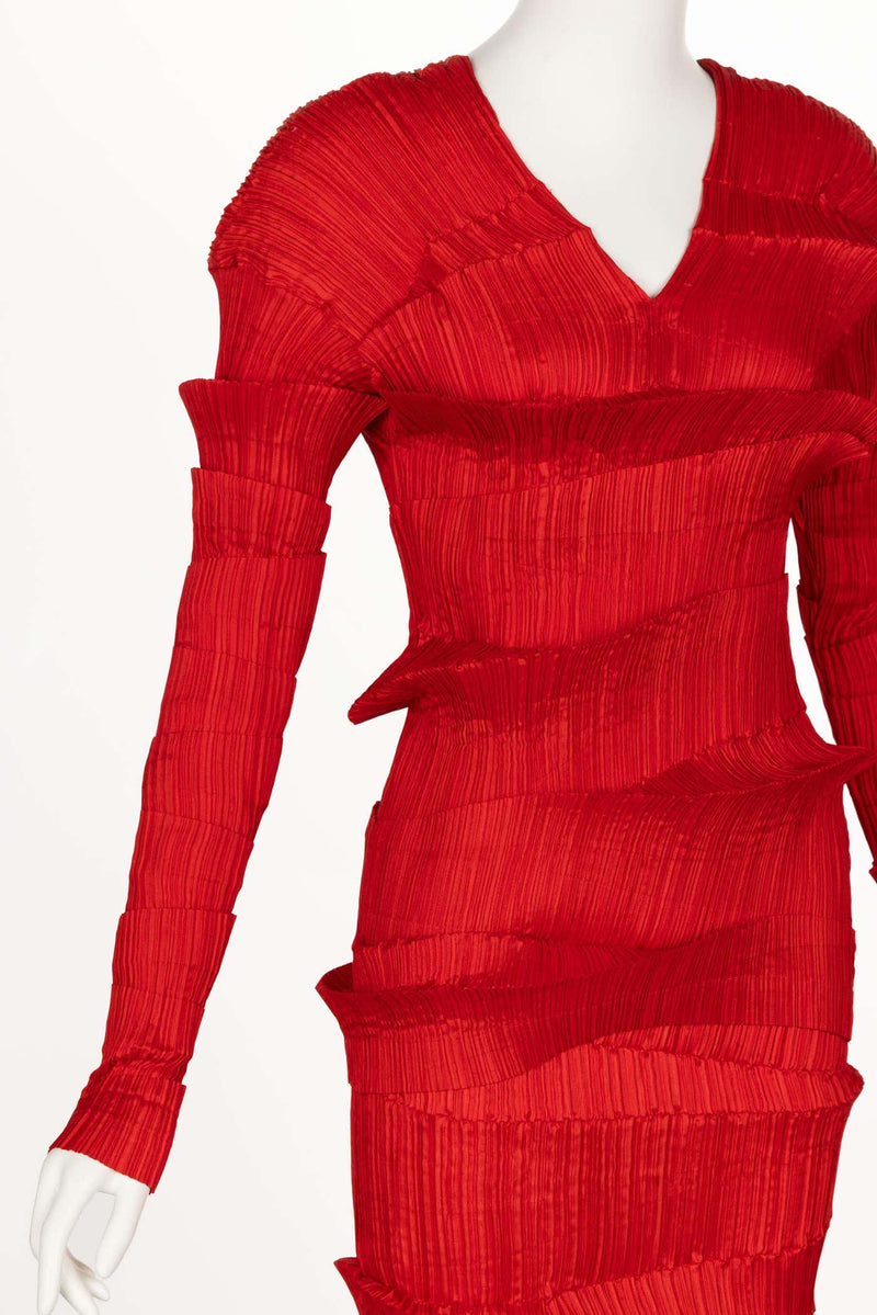 Incredible 1990s Issey Miyake Pleated Red Top & Skirt Ensemble