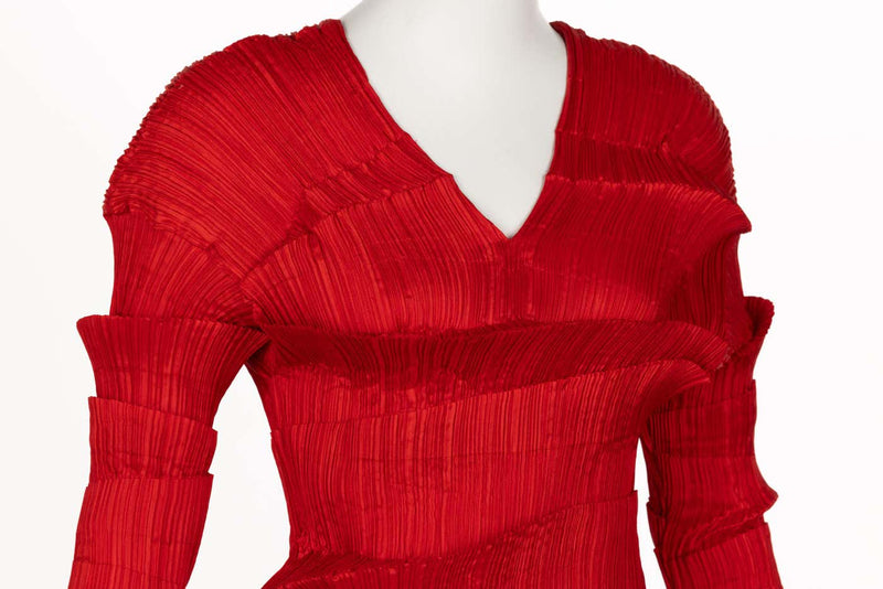 Incredible 1990s Issey Miyake Pleated Red Top & Skirt Ensemble