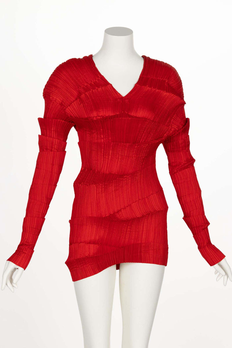 Incredible 1990s Issey Miyake Pleated Red Top & Skirt Ensemble