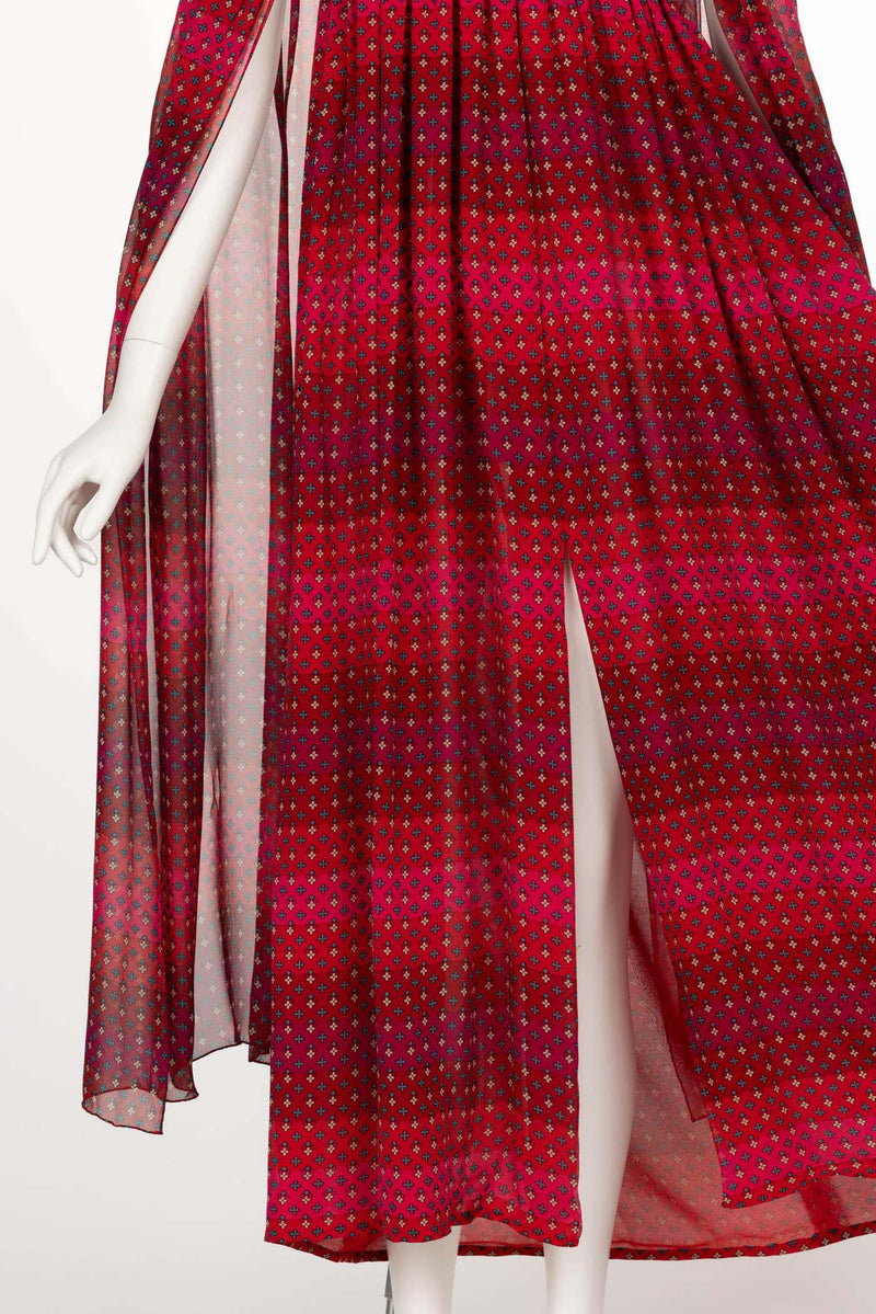 1970s Pauline Trigère Red Print Strapless Dress & Cape Set